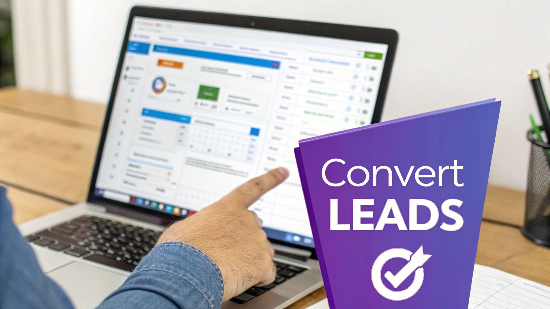 Hand pointing at a laptop screen showing a sales dashboard, overlayed with a 'Convert LEADS' graphic and checkmark.