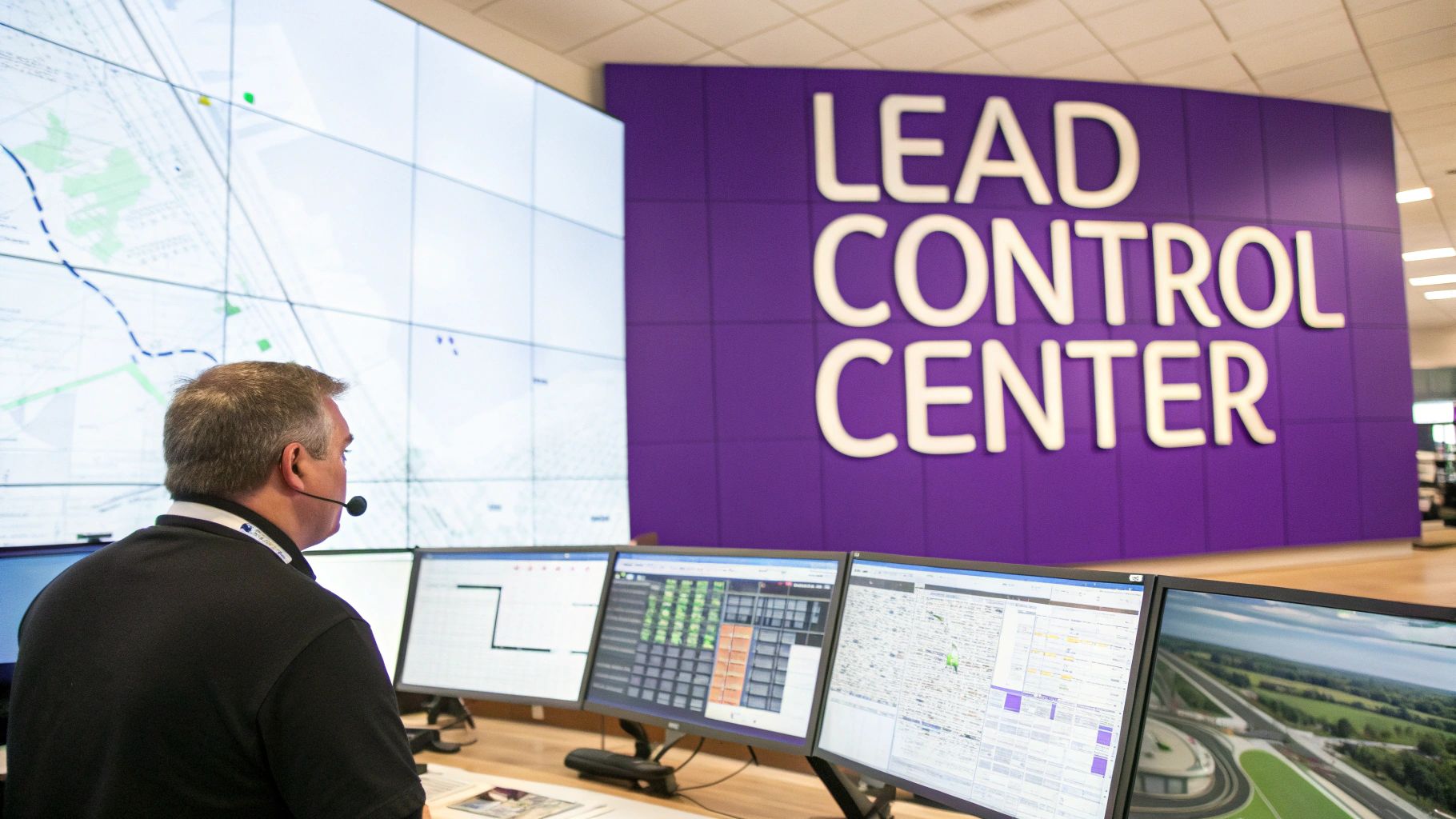 Operator in a modern control center managing multiple screens with a 'Lead Control Center' sign.
