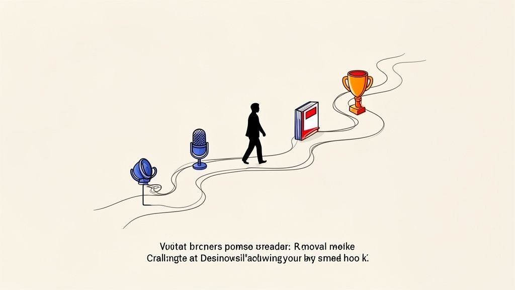 A person's journey on a path, passing a light, microphone, and book, leading to a golden trophy.