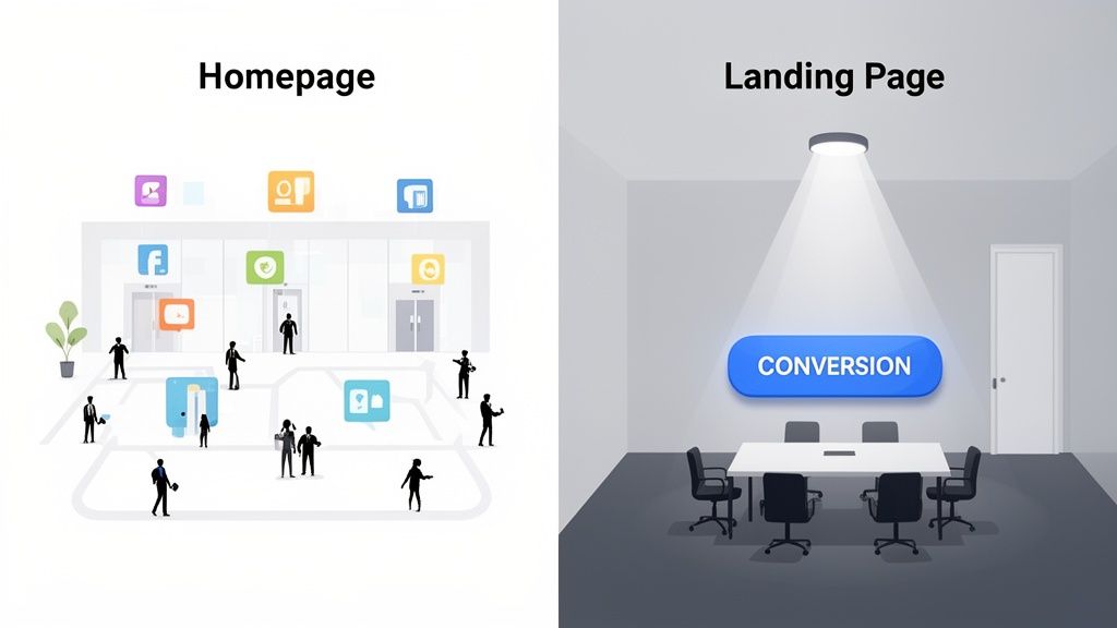A graphic illustrating the difference between a busy homepage with various options and a focused landing page geared for conversion.