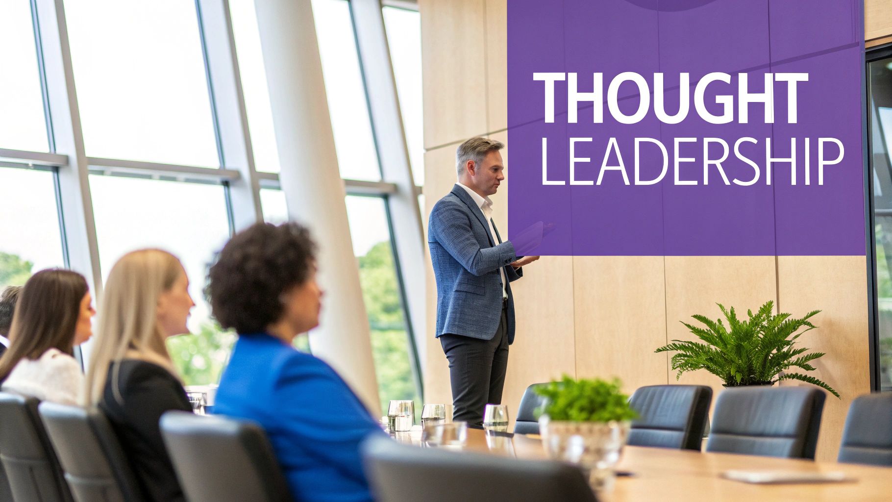 A lighthouse shining its beam across a dark sea, symbolizing thought leadership marketing.