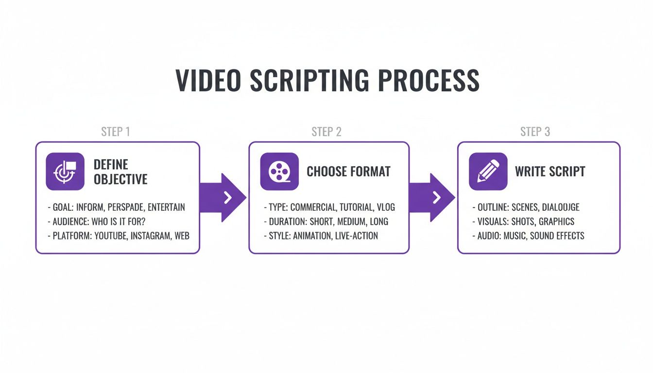 A diagram outlining the three-step video scripting process: define objective, choose format, and write script.