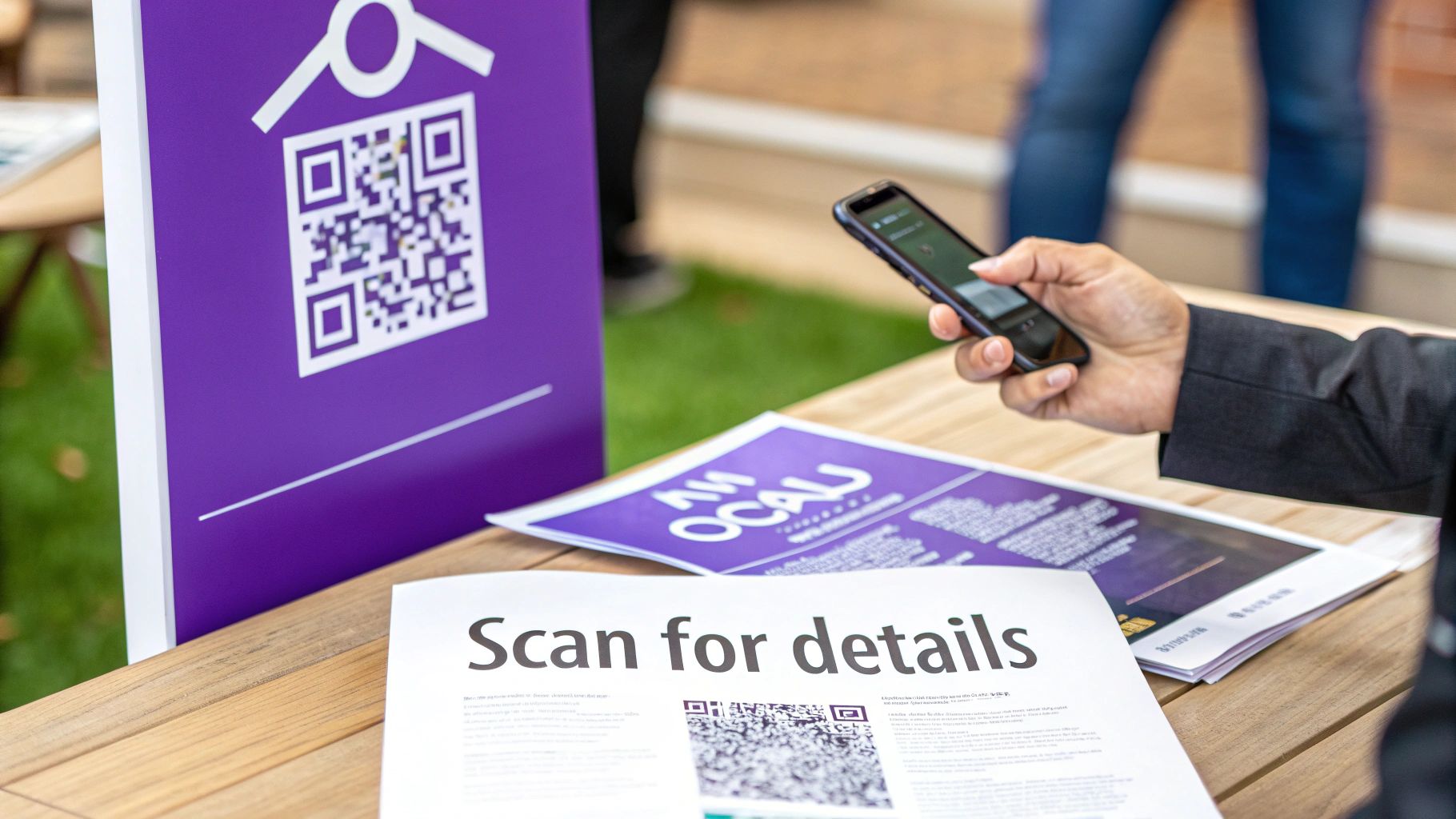 A person scans a QR code on a document that reads 'Scan for details' with a smartphone.