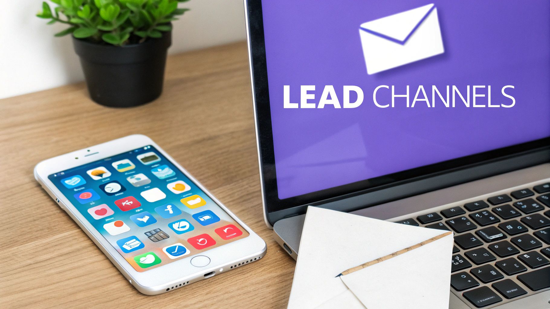 A desk with a smartphone, laptop showing 'LEAD CHANNELS', and a plant, symbolizing digital marketing.