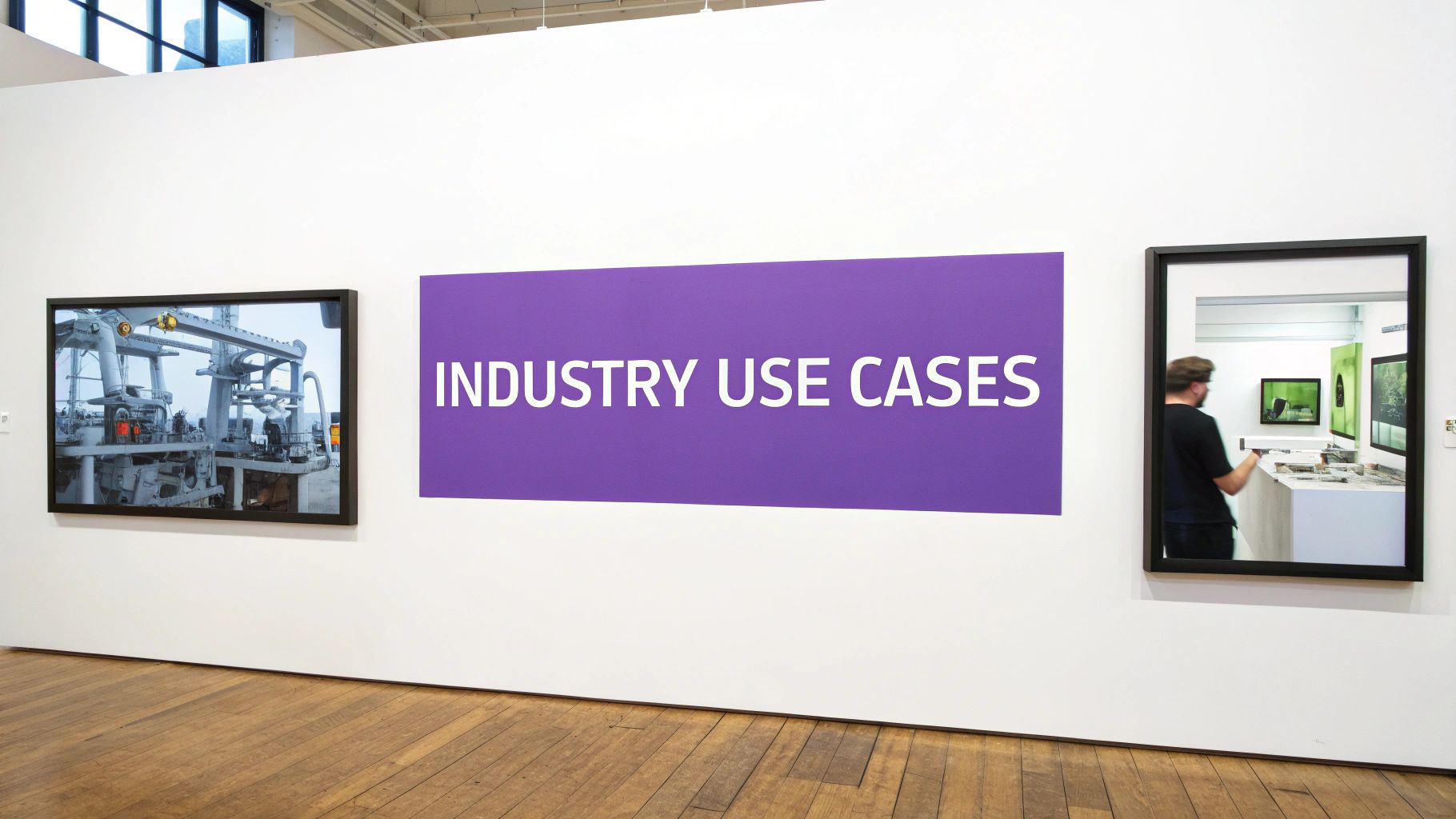 A collage of images representing different industries like finance, e-commerce, and manufacturing.