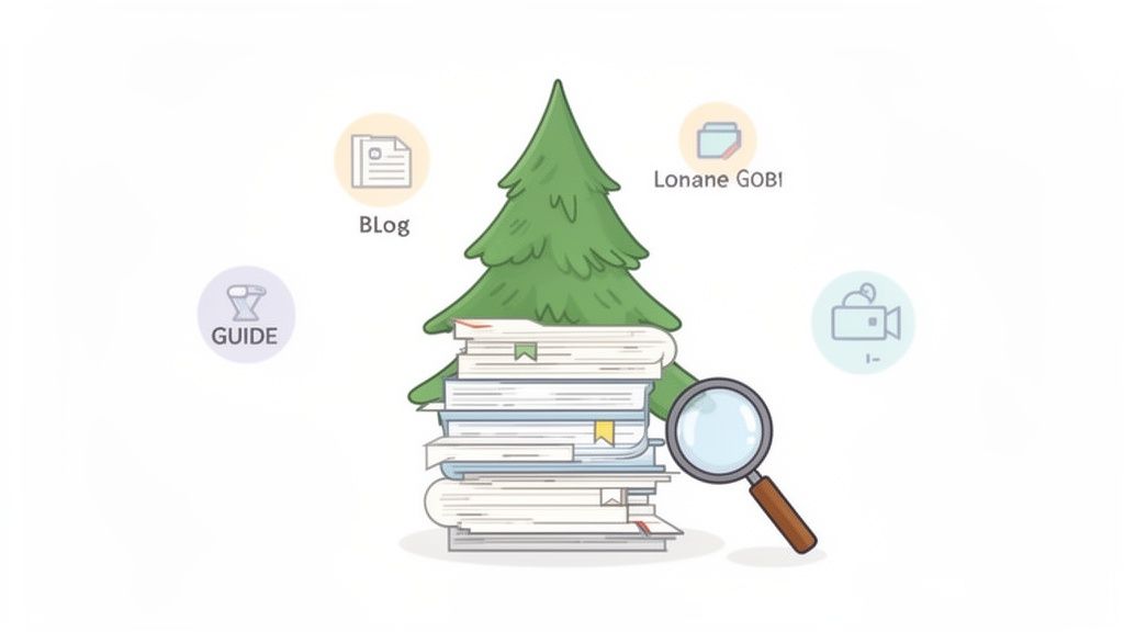 Illustration of a Christmas tree on books, with a magnifying glass and icons for Blog, Guide, and GOBI resources.