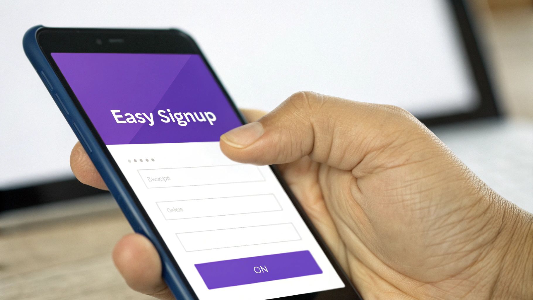 Close-up of a hand holding a smartphone displaying an 'Easy Signup' form with input fields and a button.
