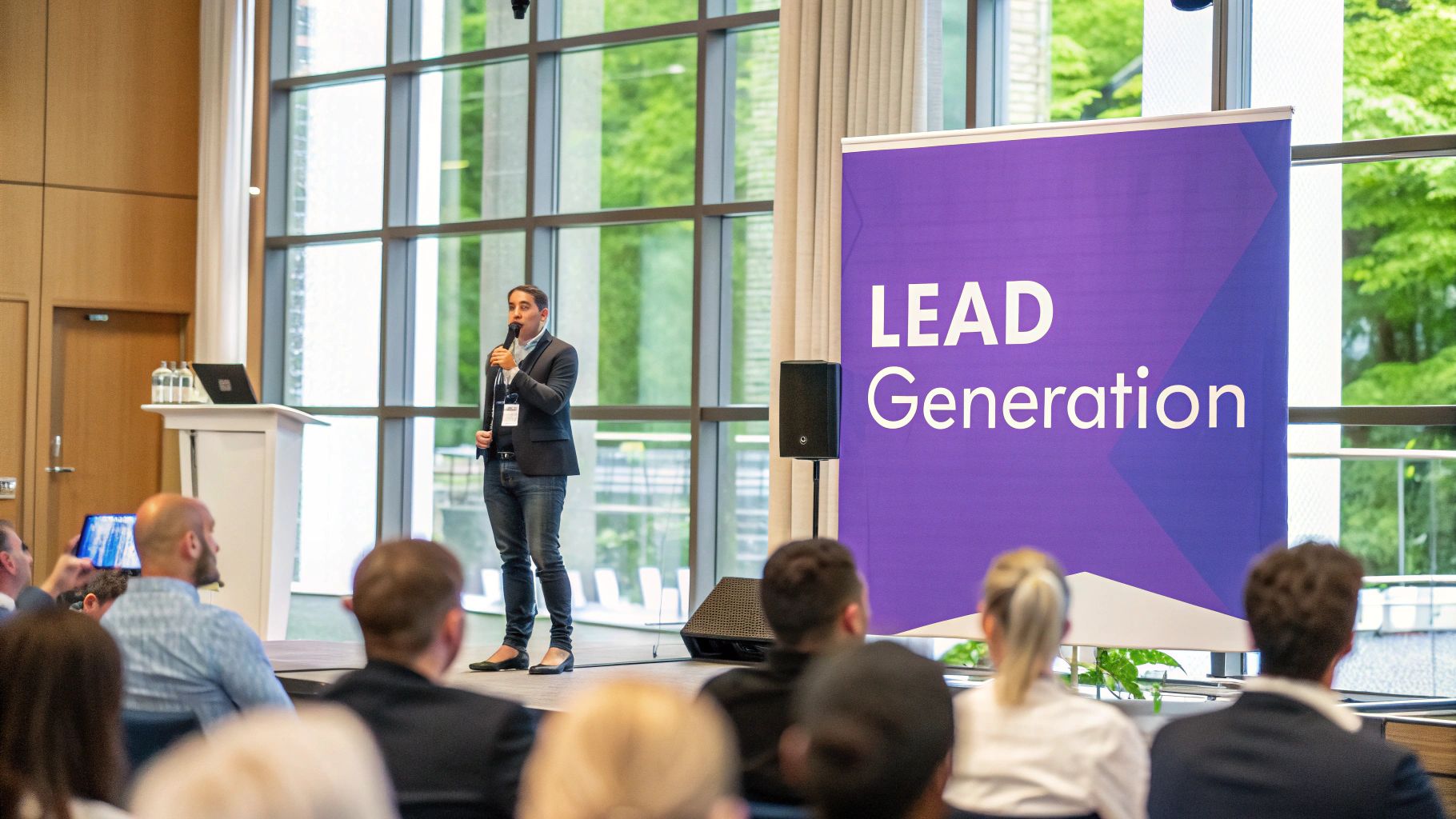 A person speaking on stage to an audience, representing a speaking engagement for B2B lead generation.