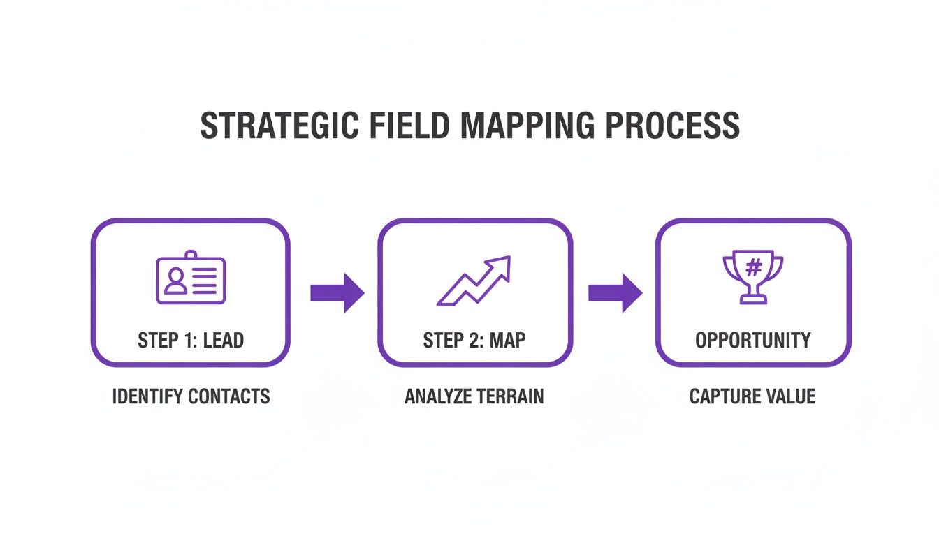 A strategic field mapping process flow with steps: Lead (Identify Contacts), Map (Analyze Terrain), and Opportunity (Capture Value).