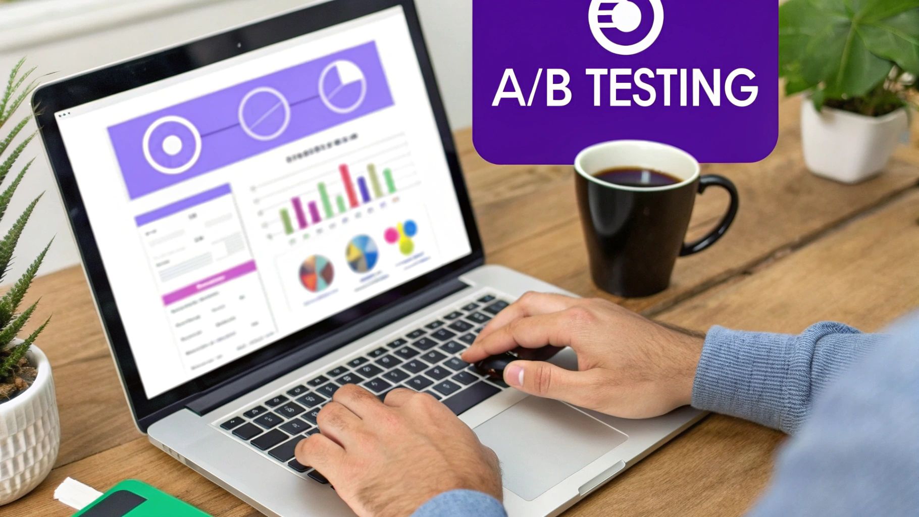 A scientist looking at two beakers, symbolizing A/B testing and experimentation.