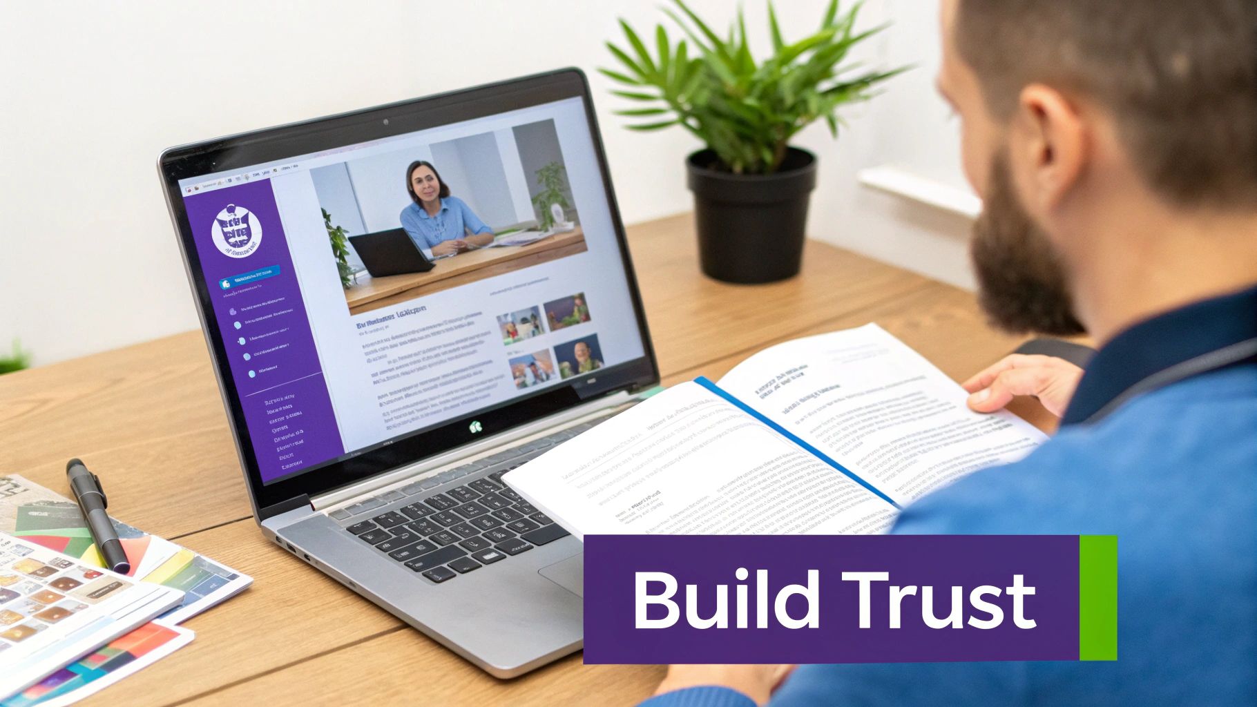 A man reads a book at a desk with an open laptop showing an online learning session.