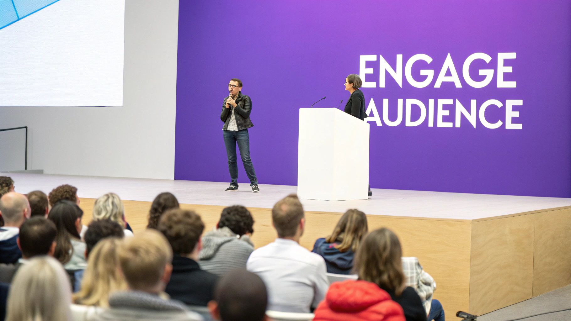 Speaker presenting to engaged audience at business conference with purple engage audience backdrop
