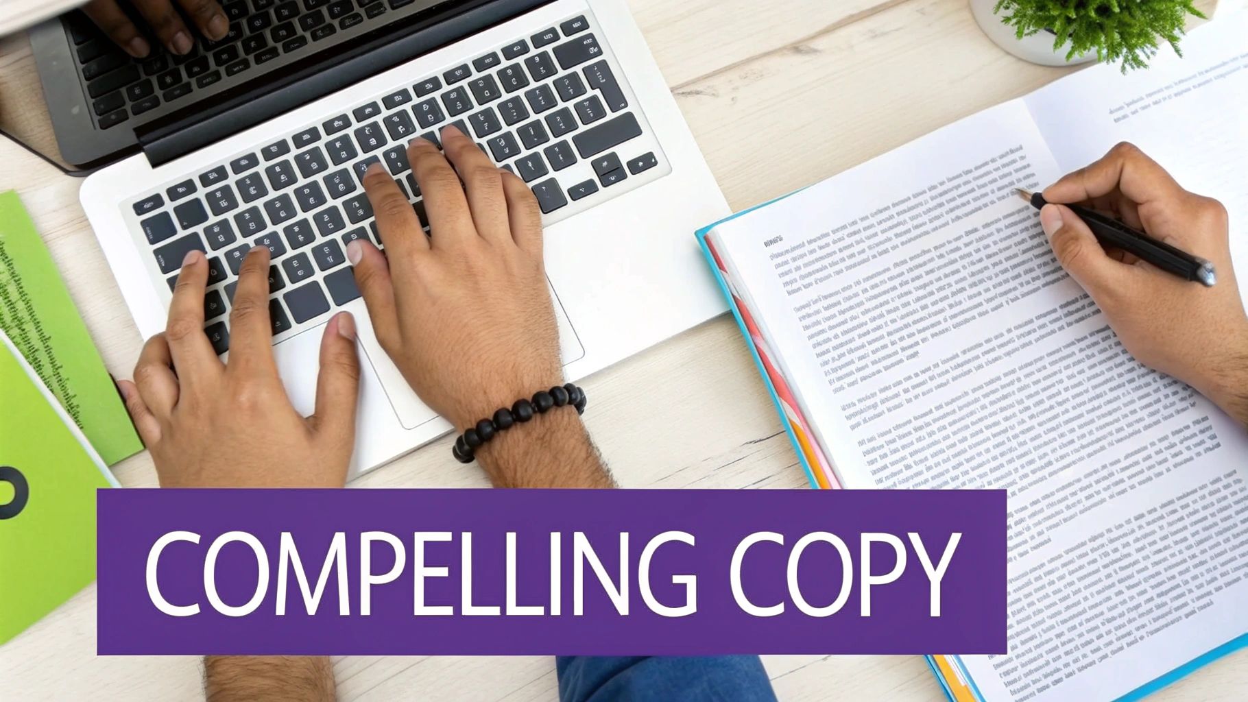 A close-up of a person typing on a laptop, focused on crafting compelling copy for a newsletter landing page.