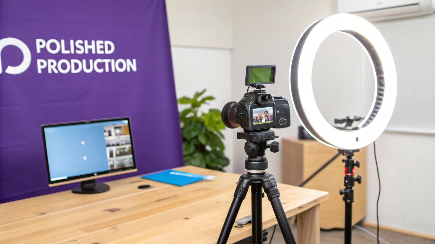 A professional video production setup with a camera, ring light, and monitor for virtual events.