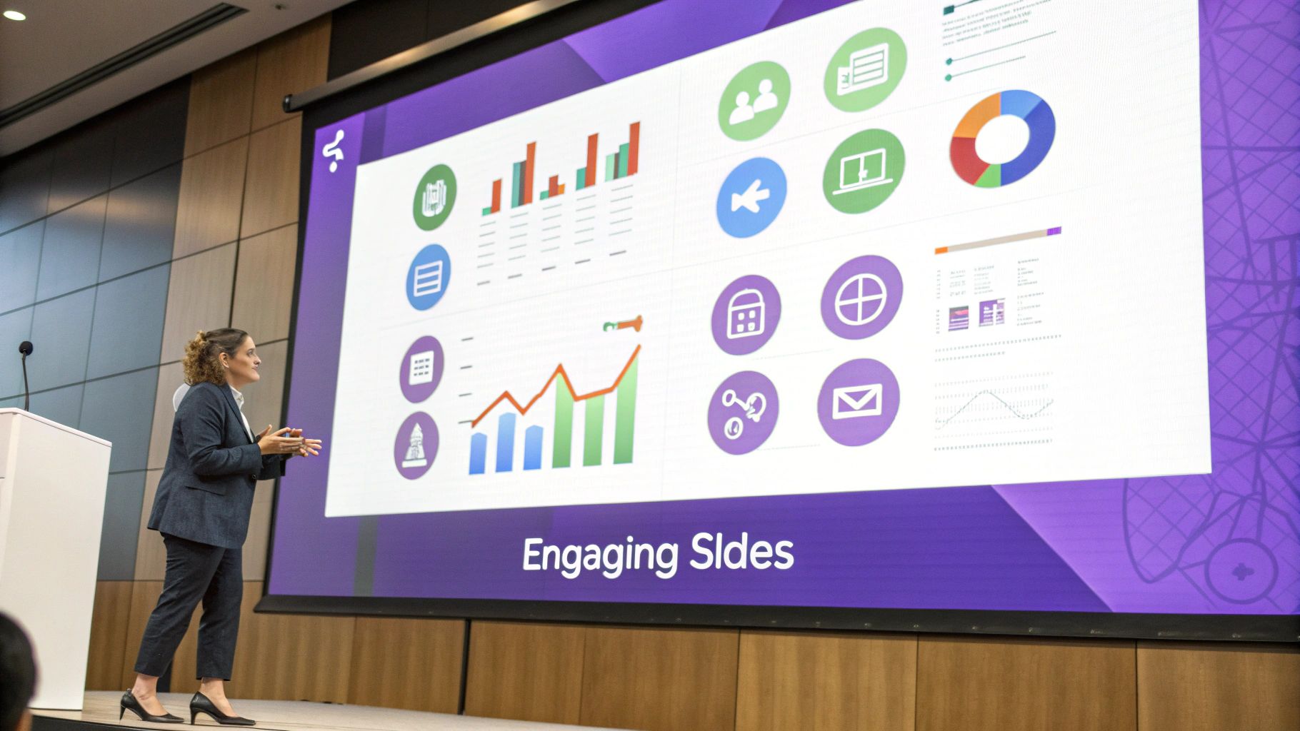 A clean and professional presentation slide is displayed on a screen, featuring minimal text and a strong visual element that supports the main idea.