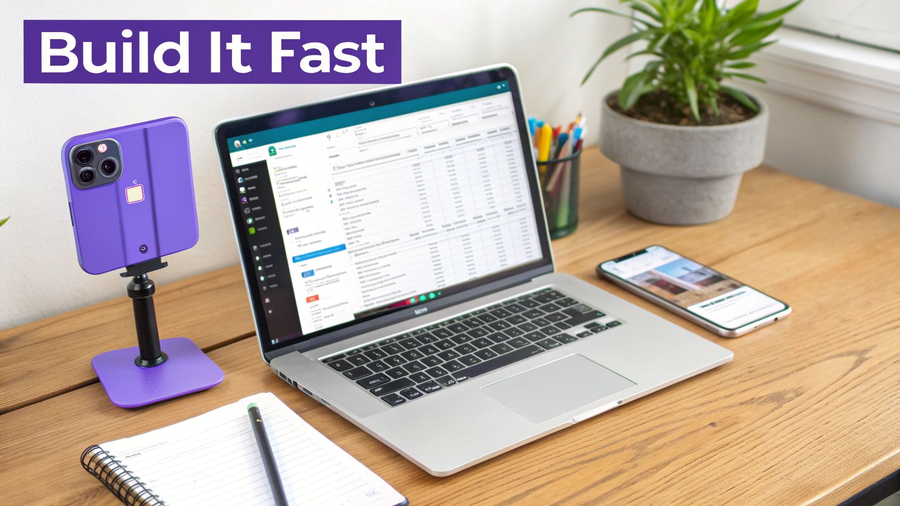A well-organized desk setup with a laptop, two smartphones, a notebook, and a plant, ready for work.