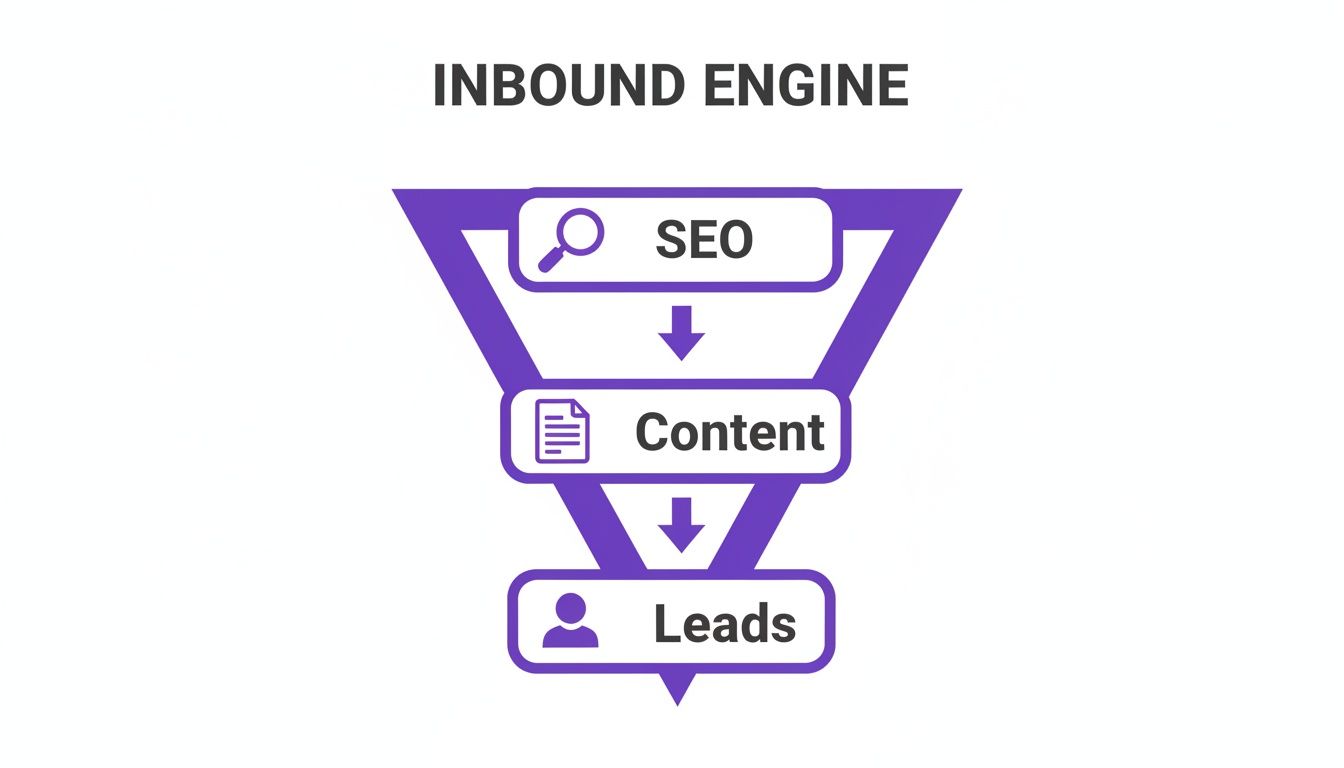 An inbound engine funnel diagram showing the process from SEO to Content to generating Leads.