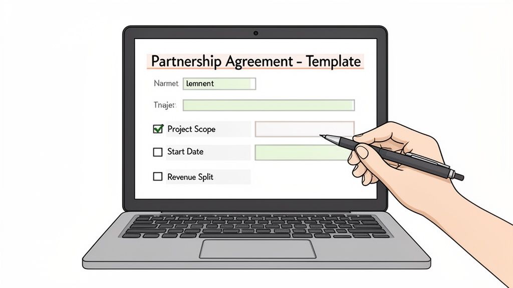 A hand holding a pen pointing at a digital partnership agreement template on a laptop screen.