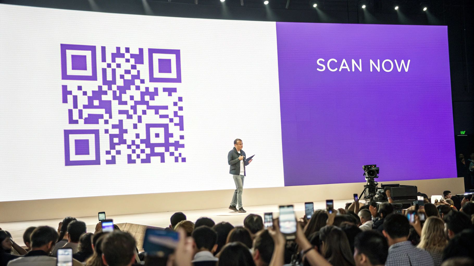 A speaker presents on stage, displaying a purple QR code and 'SCAN NOW' on a large screen.
