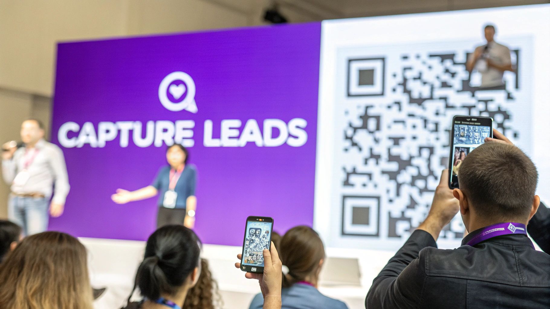 Audience members at a conference using smartphones to scan a QR code on a large screen displaying 'CAPTURE LEADS'.