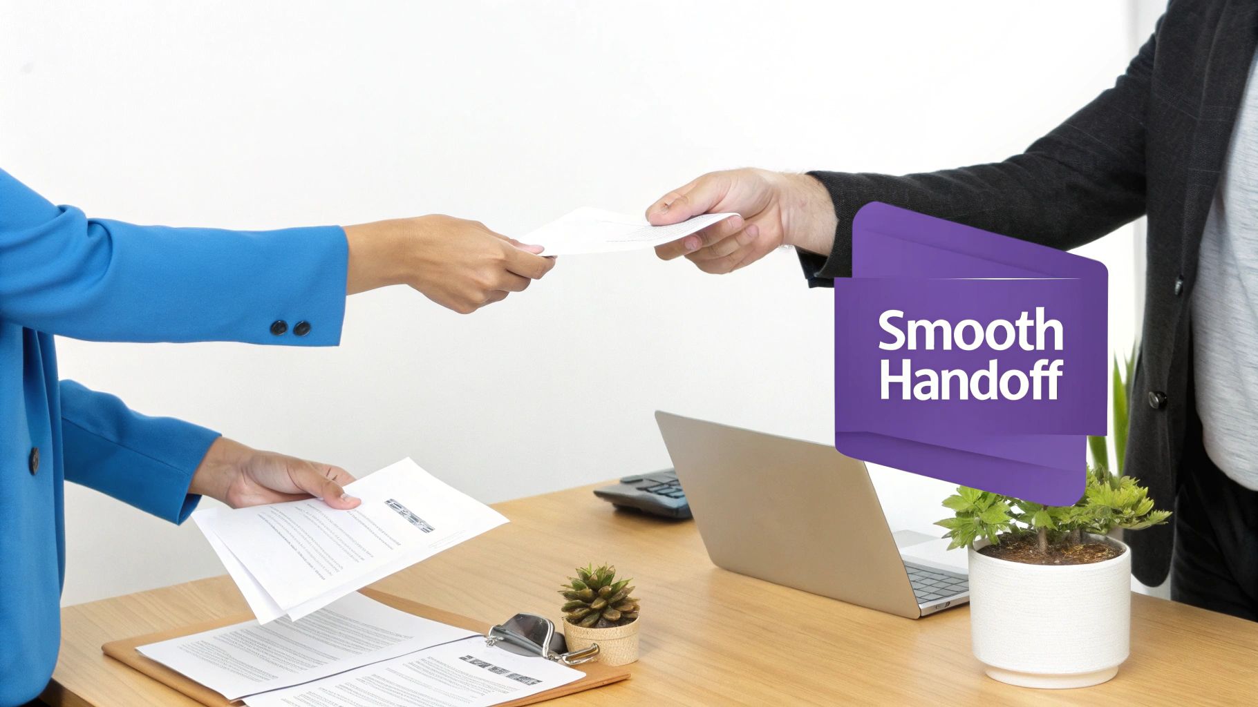 Two hands passing a glowing light bulb, representing a lead handoff between teams.