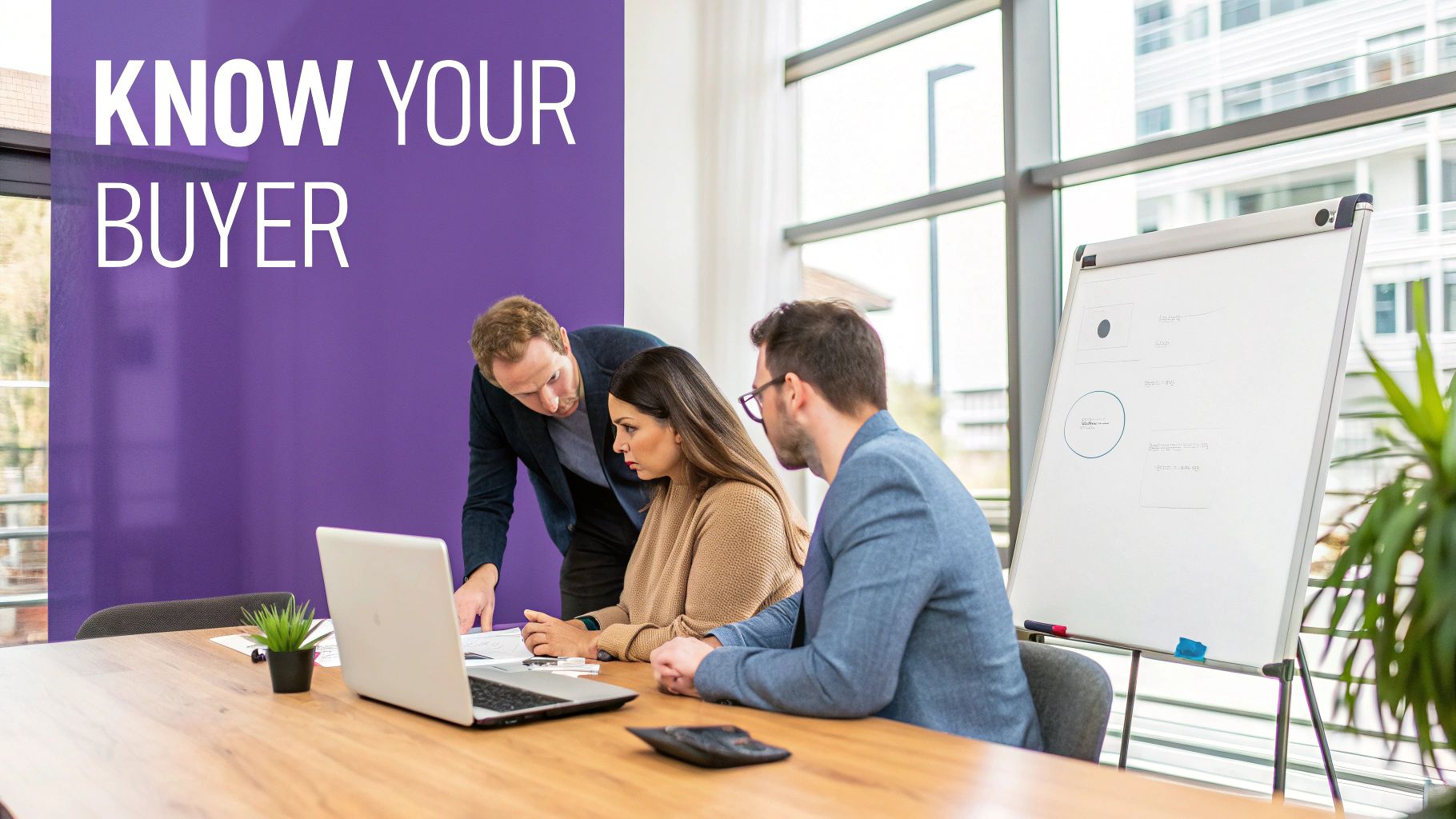 A team collaborating on a marketing strategy around a table with laptops and charts.