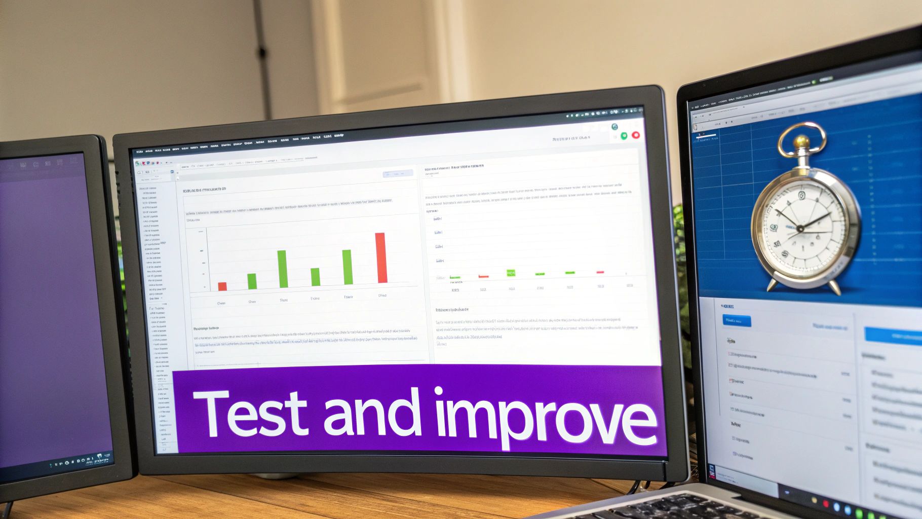 A magnifying glass hovering over a landing page, symbolizing A/B testing and optimization.