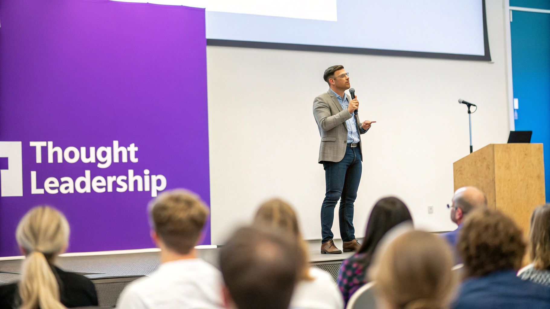 Man speaking into a microphone on stage at a 'Thought Leadership' event.