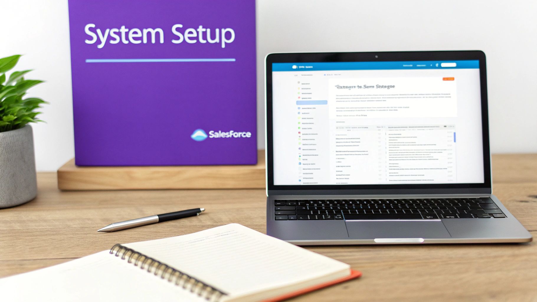 A Salesforce System Setup binder, laptop displaying a CRM, notebook, pen, and plant on a wooden desk.