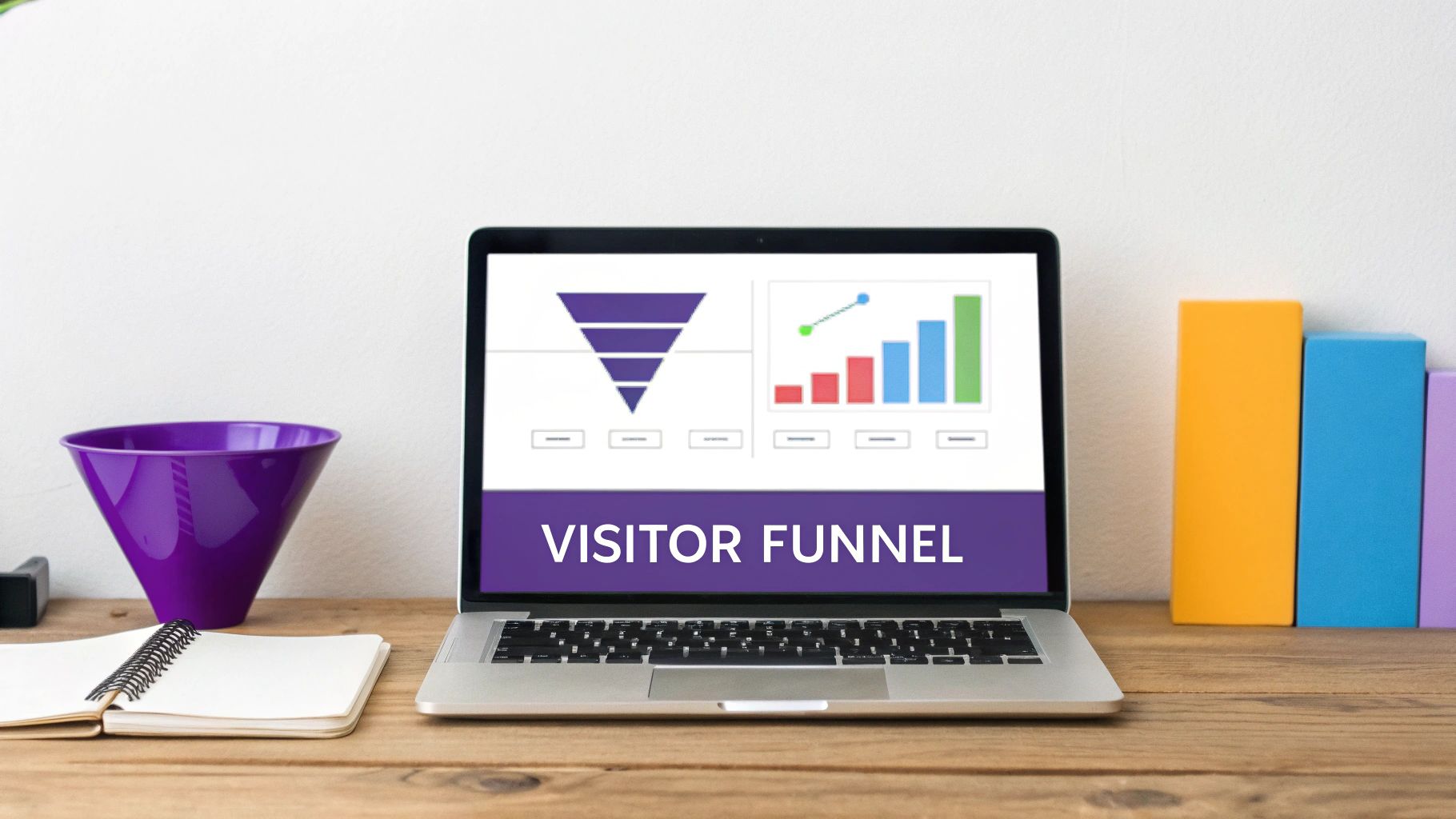 A laptop shows a 'Visitor Funnel' graphic with charts, on a desk with a purple bowl and books.