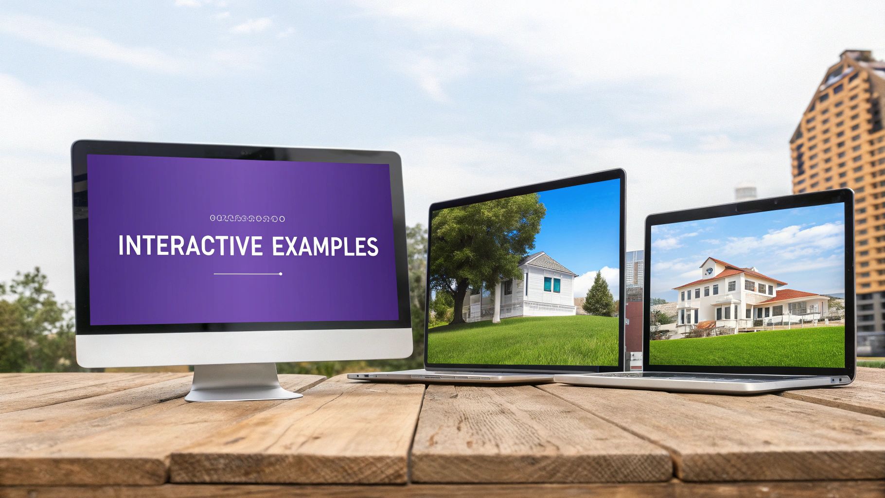 Three digital screens on a wooden table display interactive examples and modern homes outdoors.