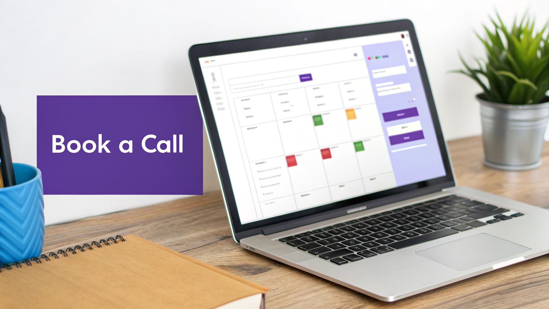 Laptop displaying a calendar interface with a 'Book a Call' banner on a wooden desk.