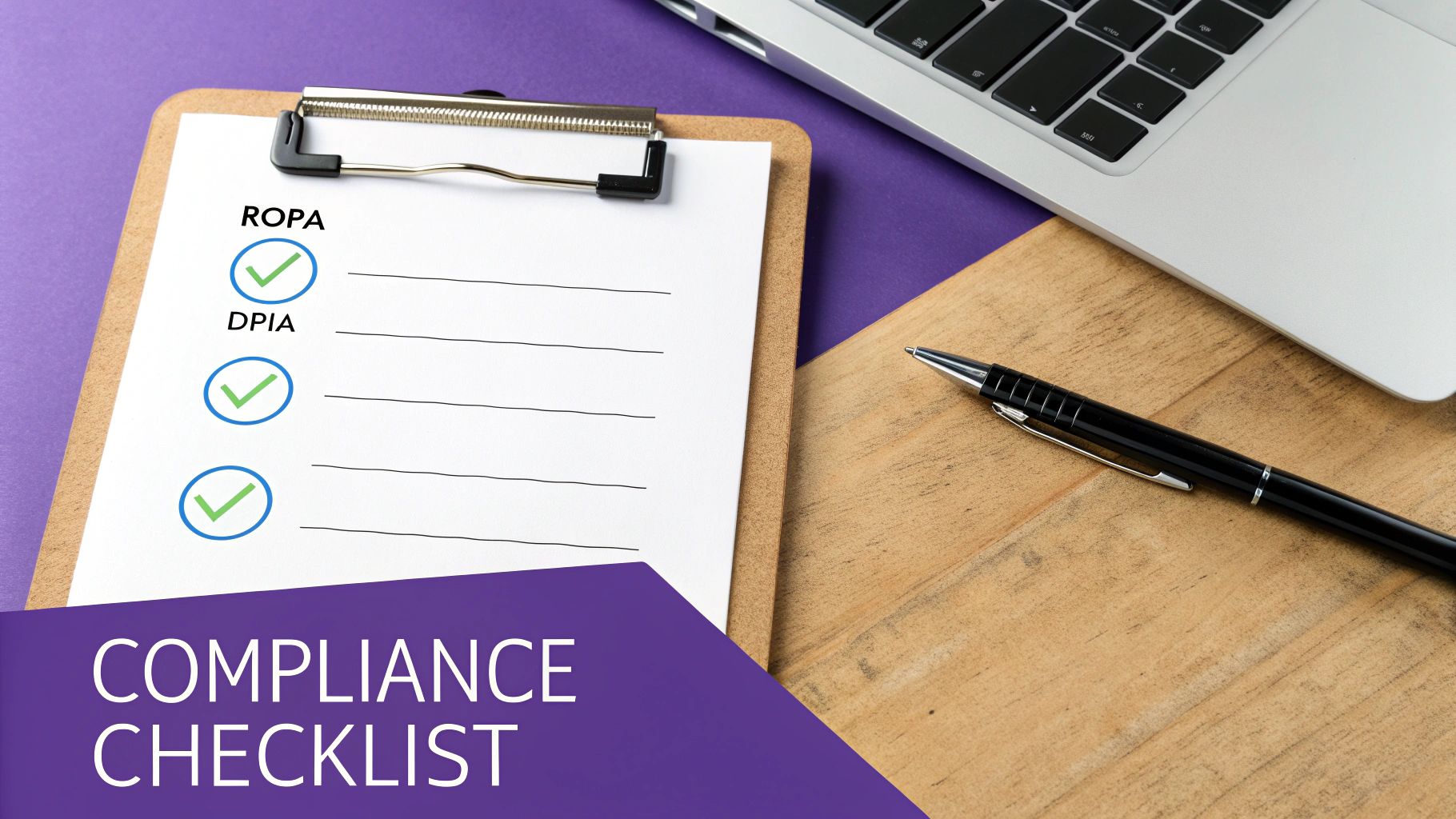 A checklist on a clipboard, indicating the various requirements and steps needed for GDPR compliance certification.