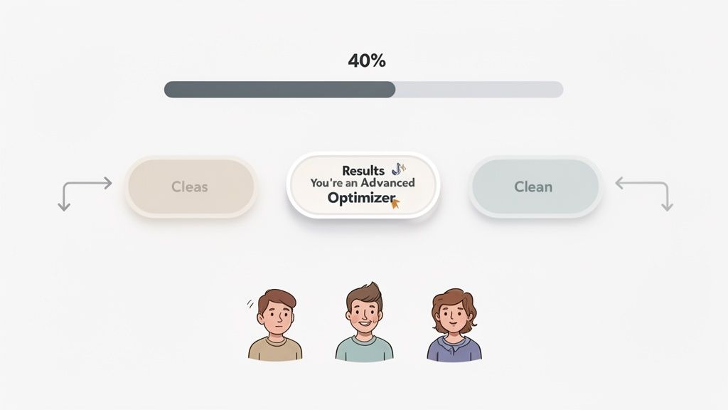 A progress bar showing 40% completion, an "Advanced Optimizer" results button, "Cleas" and "Clean" options, and three user illustrations.