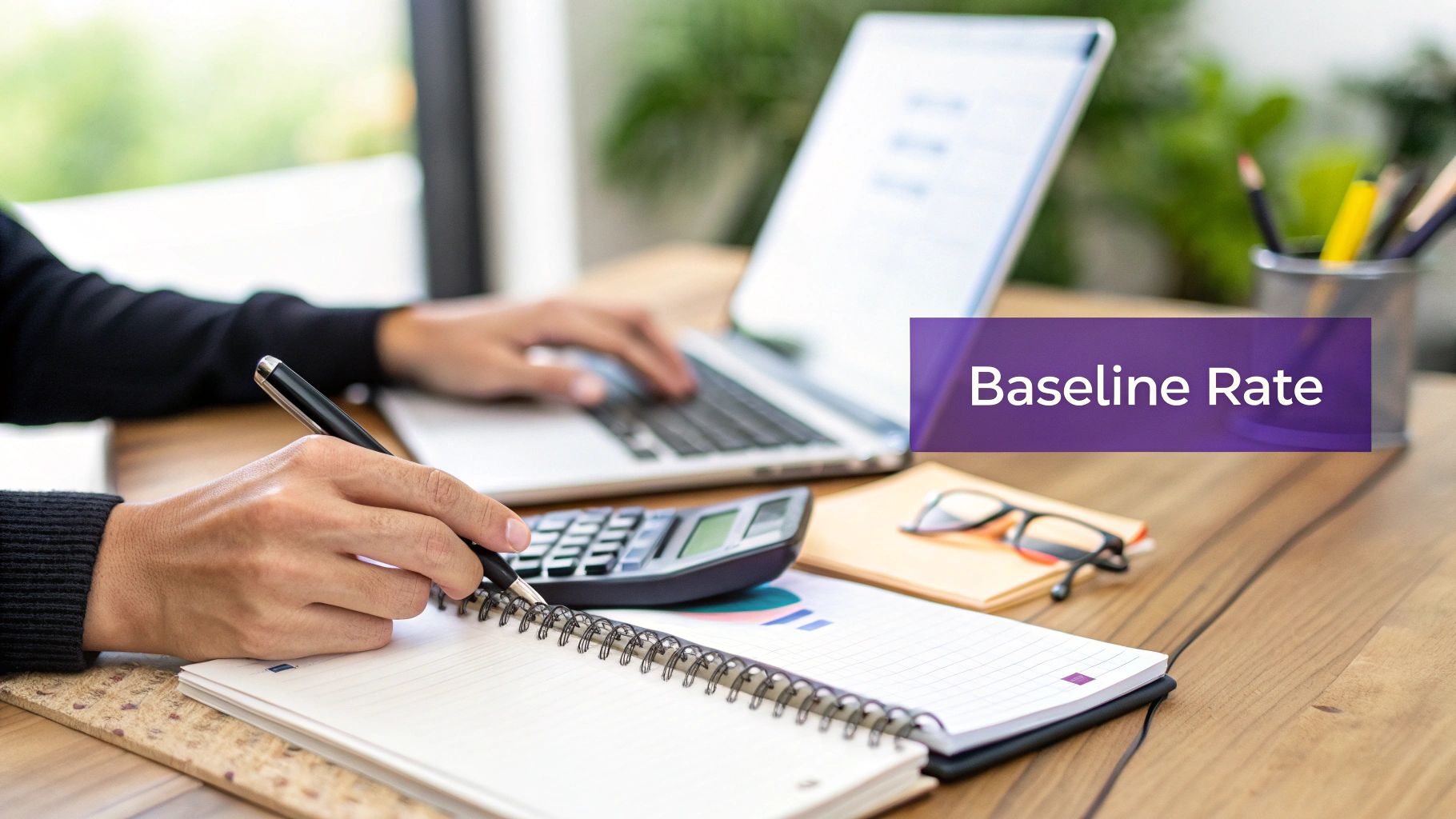 Person calculates and takes notes on a desk with a laptop, calculator, and pen.