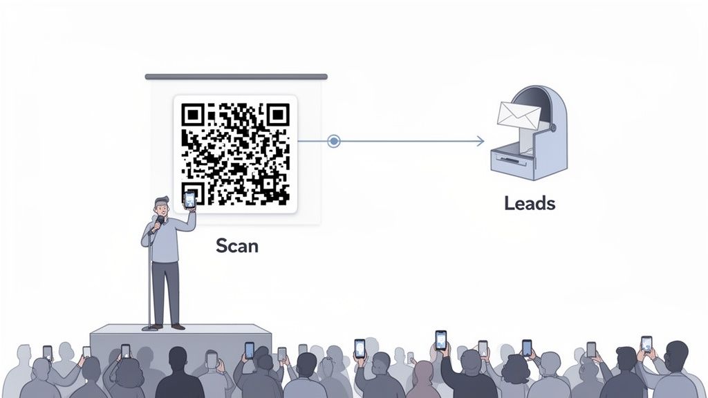 A speaker on stage showing a QR code to an audience scanning with phones to generate leads.