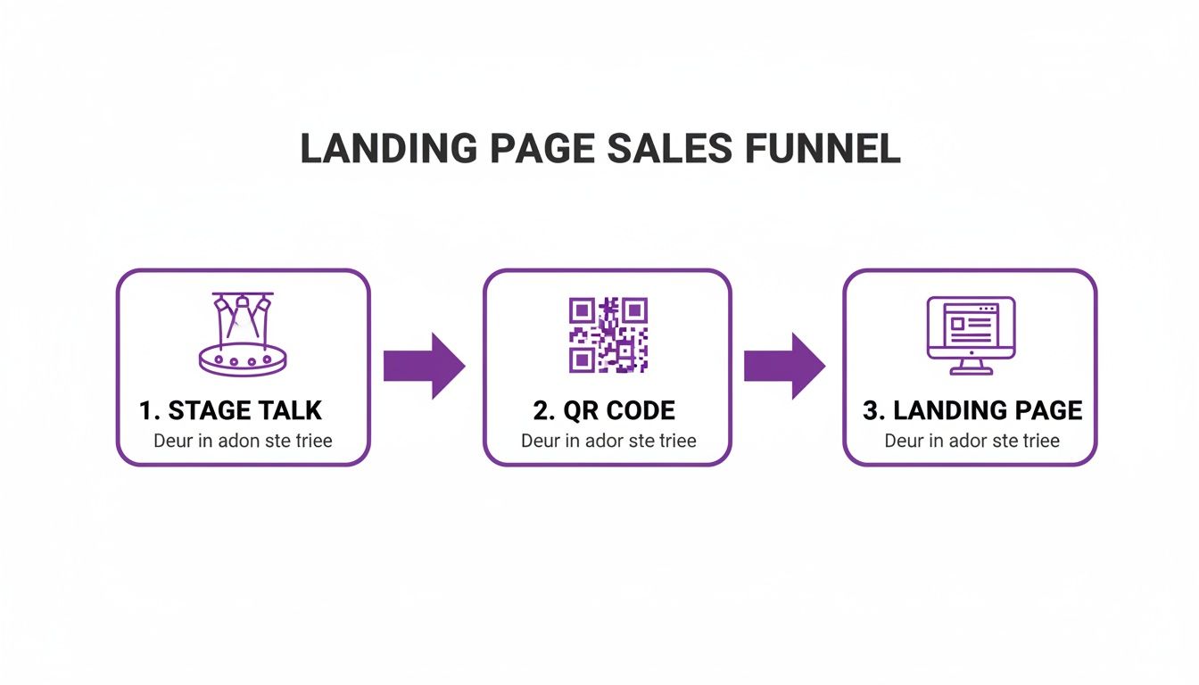Diagram illustrating a three-step landing page sales funnel: stage talk, QR code, and landing page.