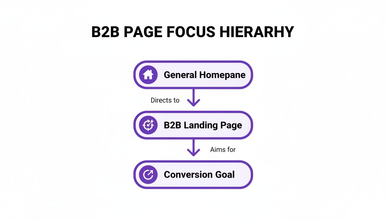 Flowchart illustrating B2B page focus hierarchy from General Homepage to B2B Landing Page, aiming for Conversion Goal.