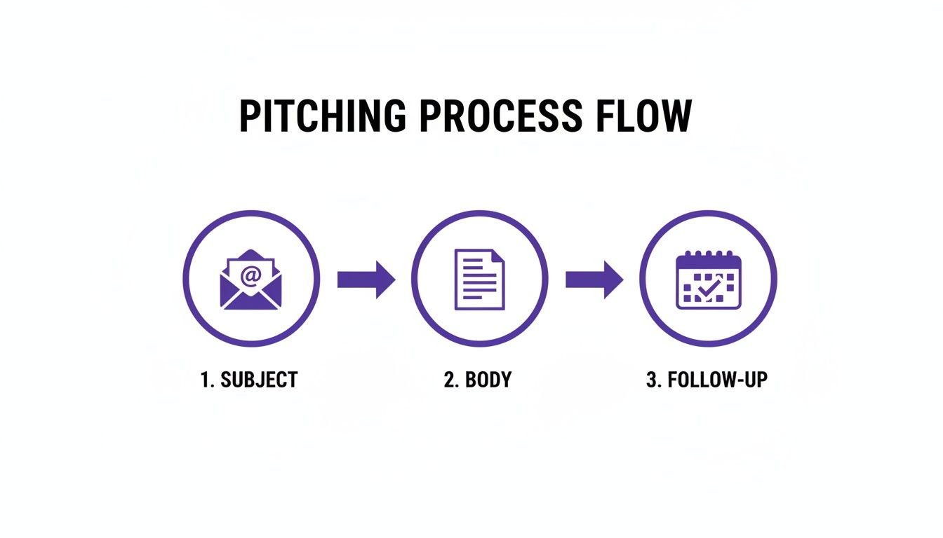 Pitching process flow diagram with three steps: Subject (email), Body (document), and Follow-up (calendar).