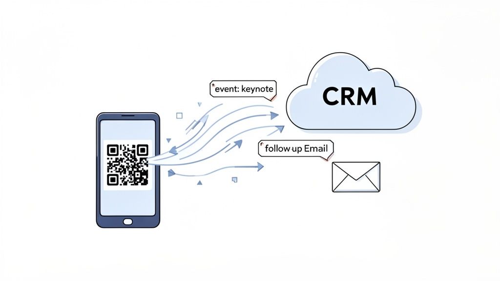 A smartphone scanning a QR code sends event and follow-up email data to a CRM system.