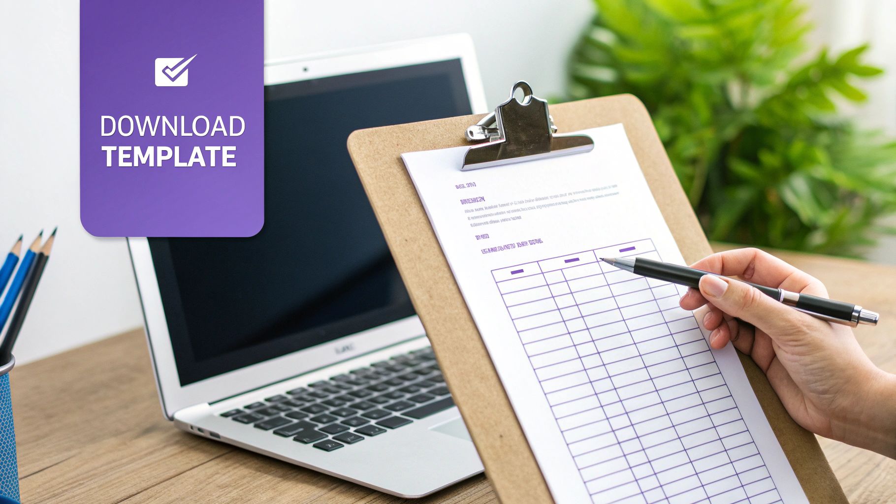A hand writing on a form on a clipboard next to a laptop and a 'DOWNLOAD TEMPLATE' button.