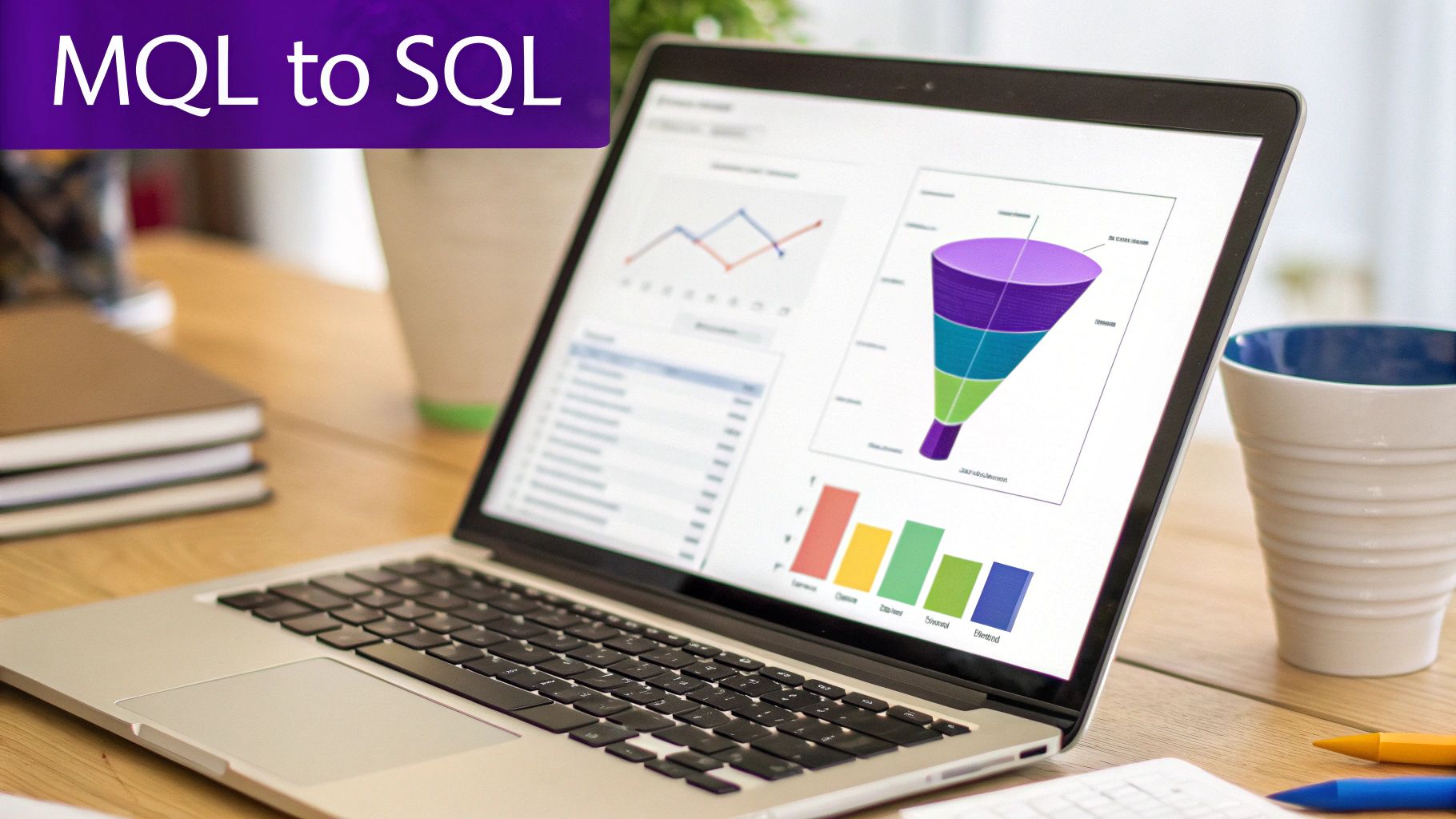 A laptop on a wooden desk displaying business data, charts, and a sales funnel, with 'MQL to SQL' text.