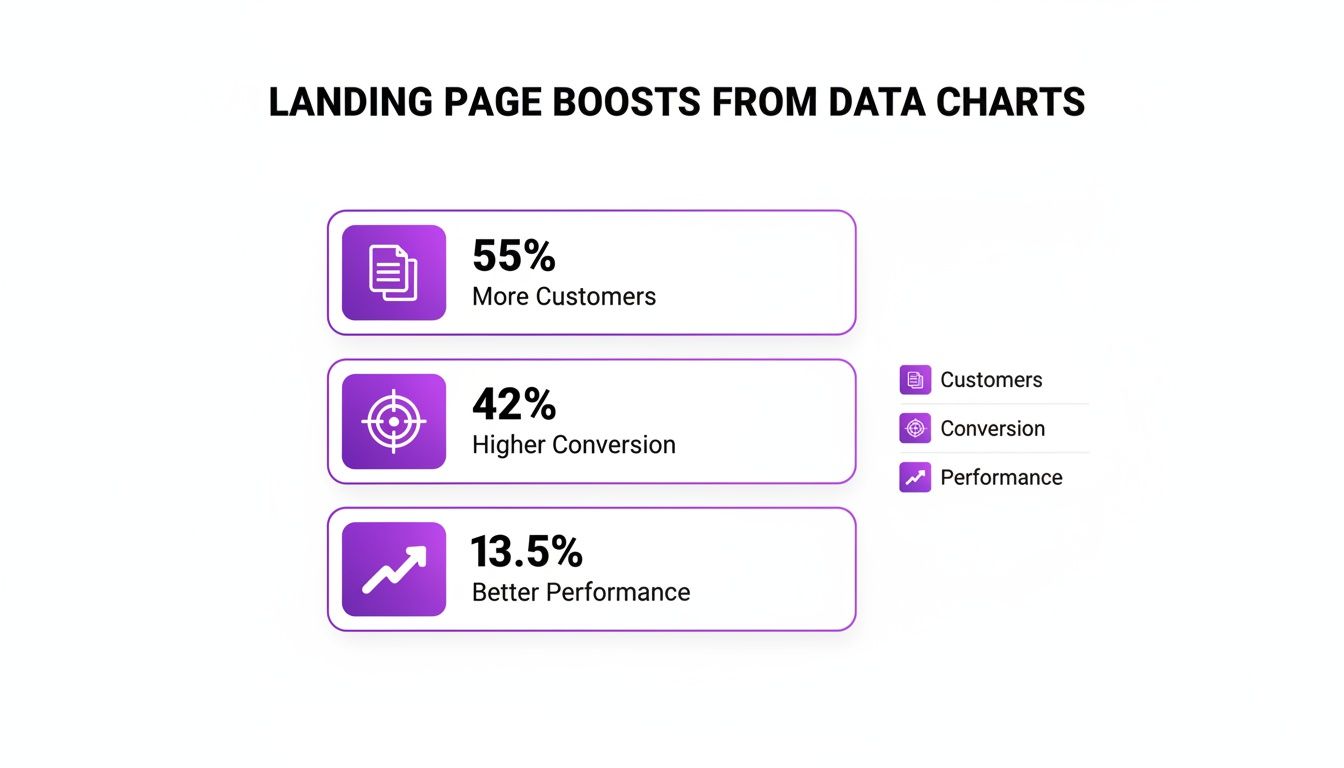 An infographic showing landing page boosts from data charts: 55% more customers, 42% higher conversion, and 13.5% better performance.