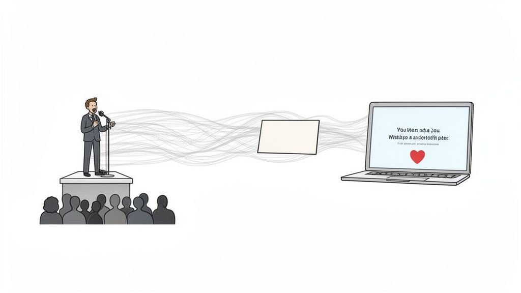 A speaker addresses an audience, with communication lines leading to a blank card and a laptop showing text and a heart.