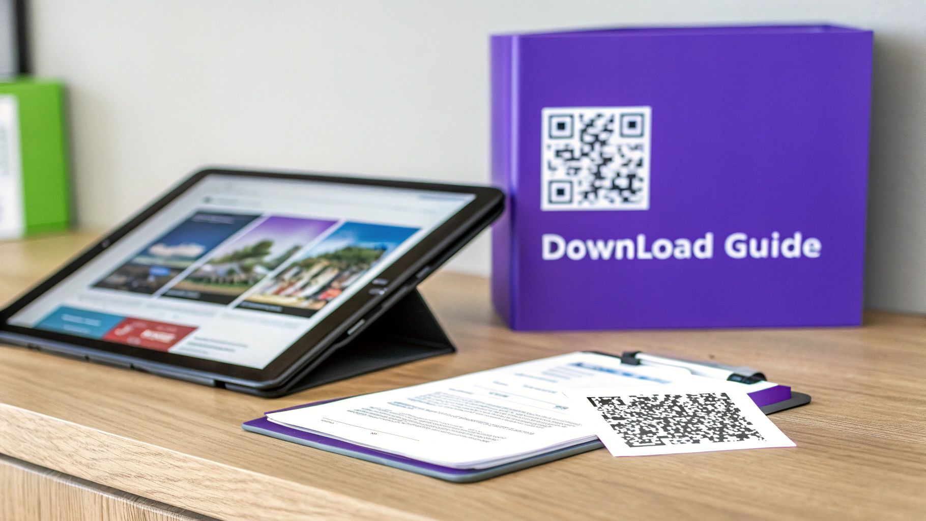 A tablet displaying a website, a purple 'Download Guide' box, and a document with QR codes on a wooden desk.