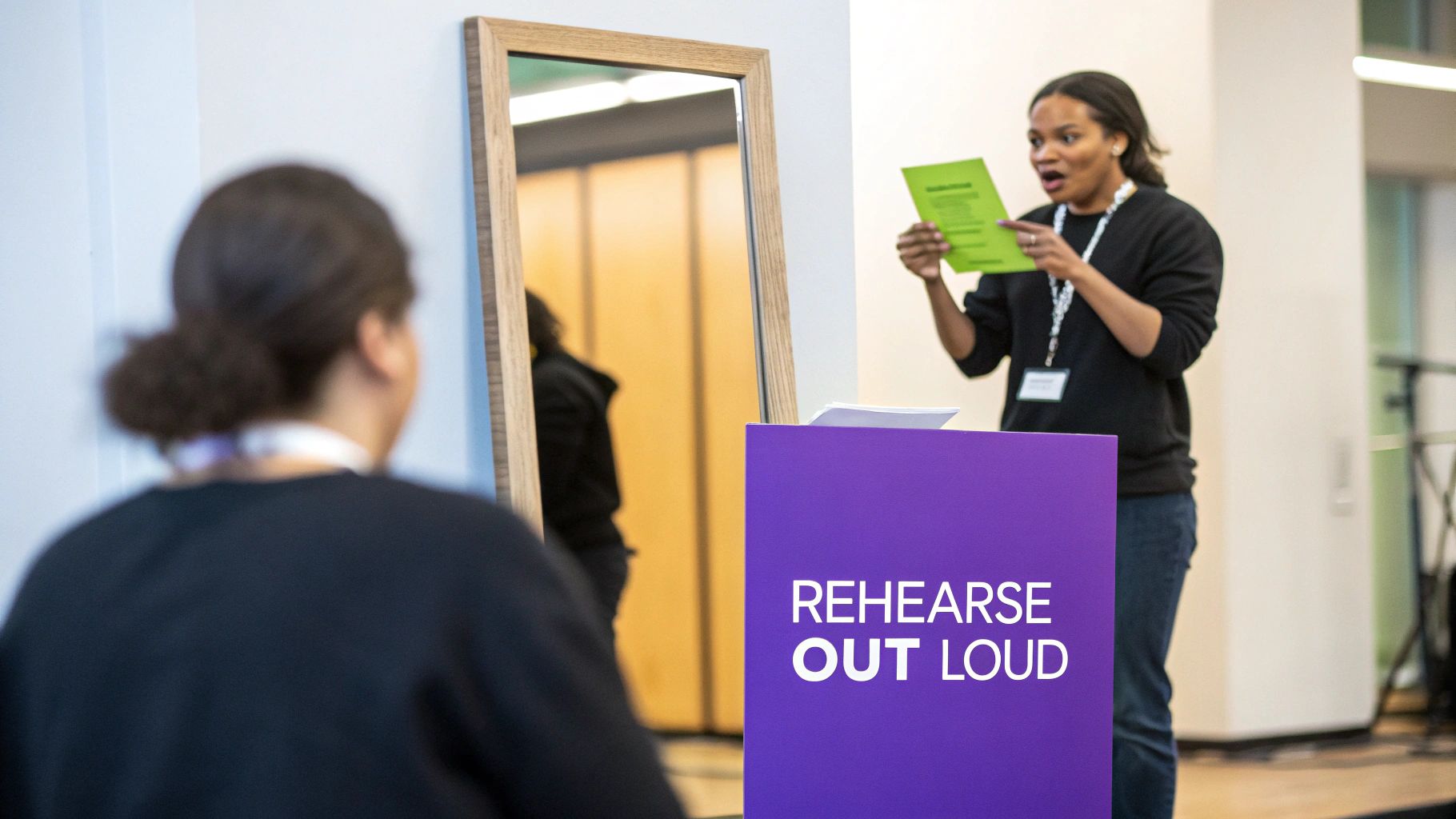 A person practicing a presentation in front of a mirror, focusing on their body language and delivery.
