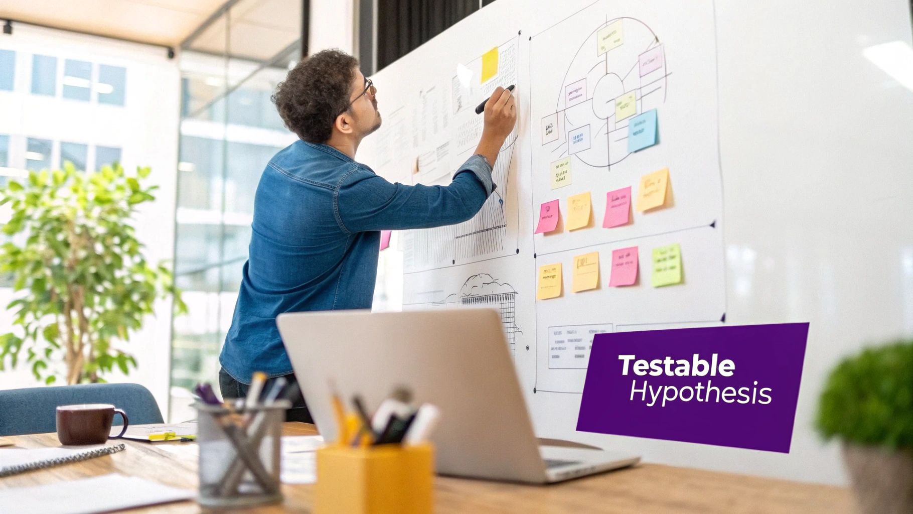 A person connecting puzzle pieces in the shape of a lightbulb, symbolizing the creation of a hypothesis.