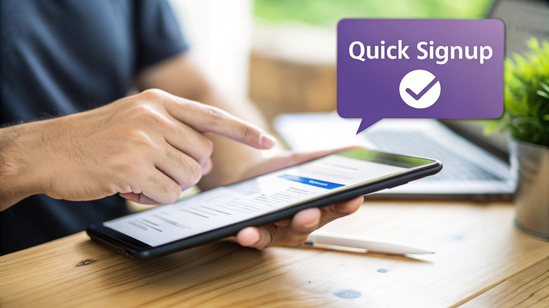 Person using tablet to complete quick signup form on mobile landing page