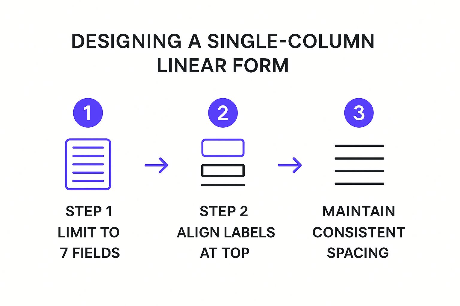 Infographic outlining a three-step process for designing a single-column linear form: Step 1 is limiting fields, Step 2 is aligning labels at the top, and Step 3 is maintaining consistent spacing, all connected with directional arrows.