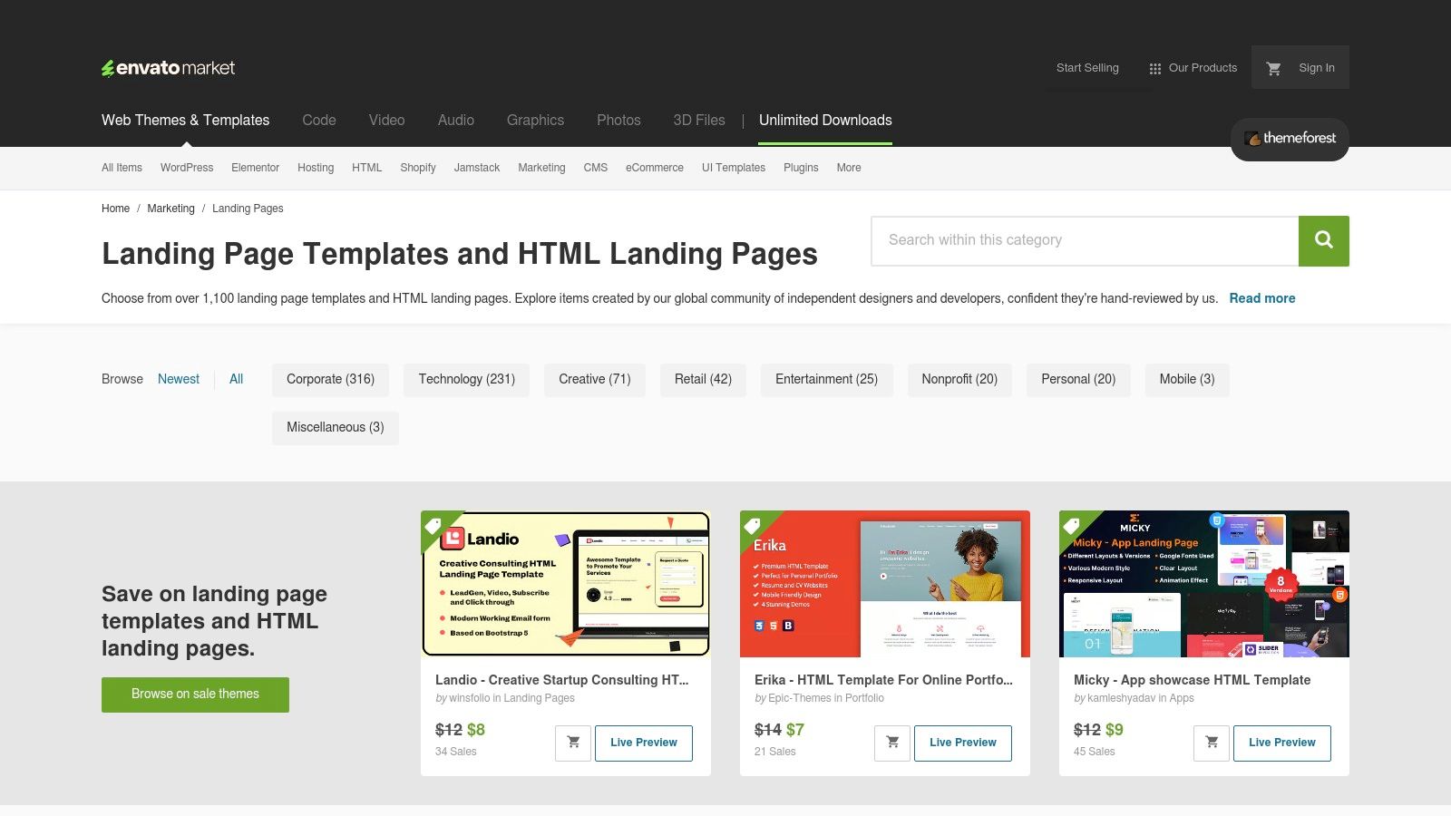 ThemeForest platform showcasing various landing page templates